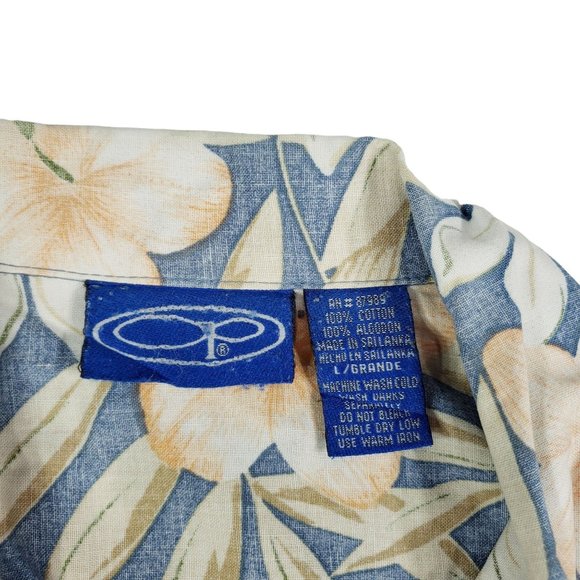 OP Ocean Pacific Hawaiian Short Sleeve Button Up Shirt Mens L Floral Blue Peach - Picture 6 of 10